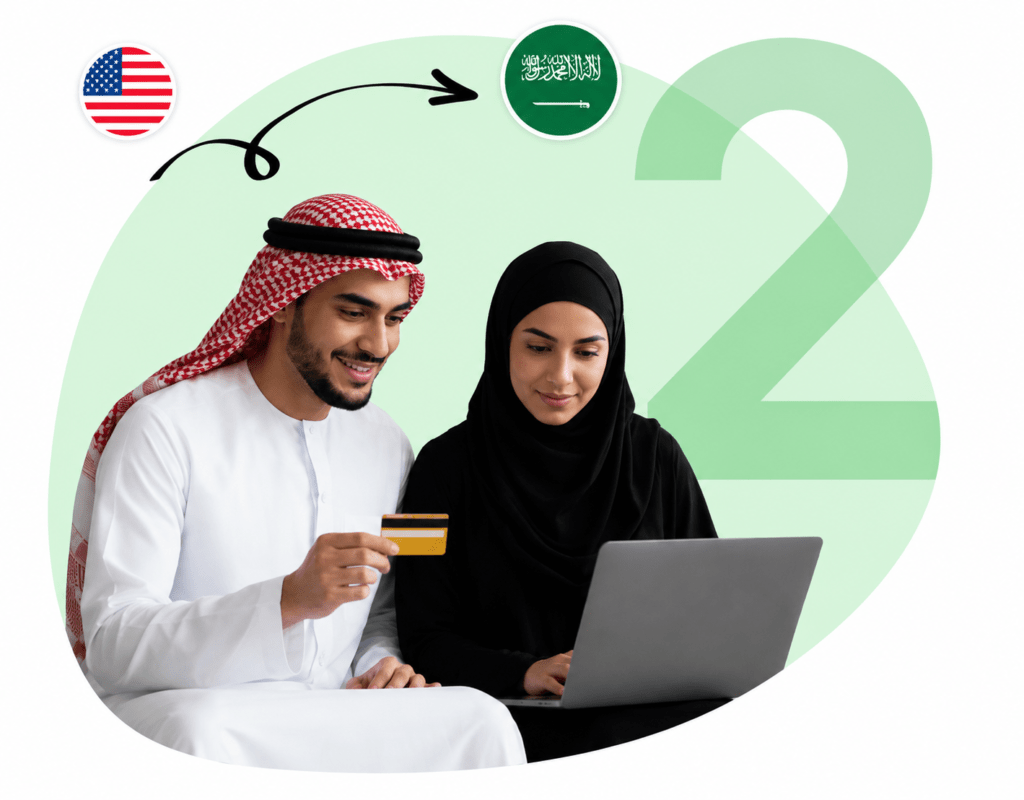 Couple using a laptop together: man in traditional Saudi dress holds a credit card while the woman types, suggesting online payment or banking.