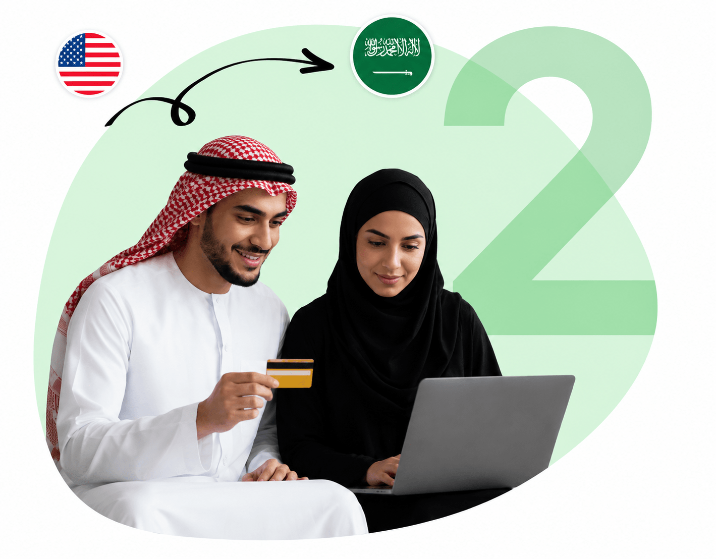 Couple using a laptop together: man in traditional Saudi dress holds a credit card while the woman types, suggesting online payment or banking.